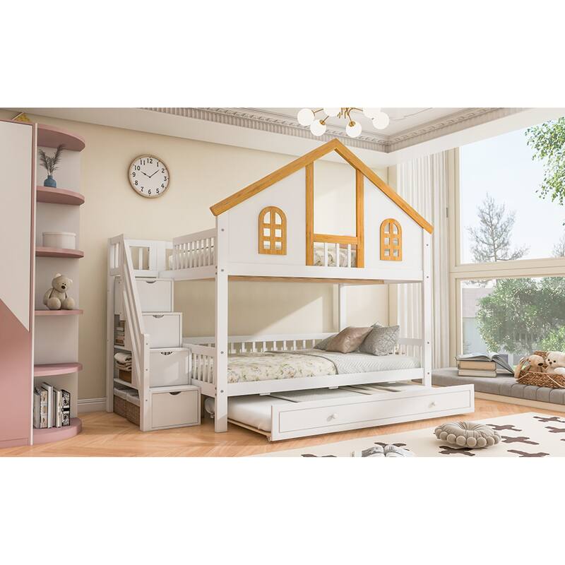 Roomfitters Twin Over Twin/Full Over Full House Bunk Bed with Trundle, Storage Staircase and Roof, White and Natural