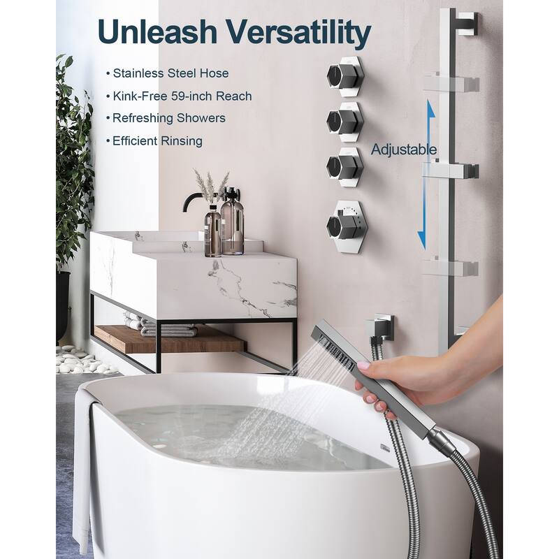 GRANDJOY Shower Faucet System 16 inch Ceiling Mount Shower Head 3 Spray Modes Handheld Spray with Slide Bar LED Music