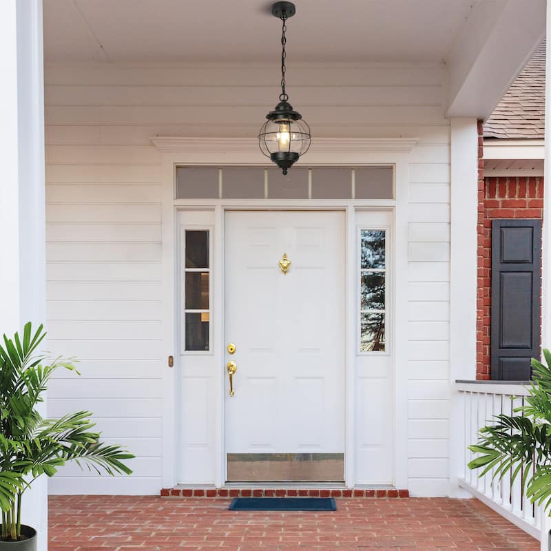 Modern Farmhouse Black 1-Light Outdoor Pendant Light Glass Patio Lantern Lamp - D10" X H12"