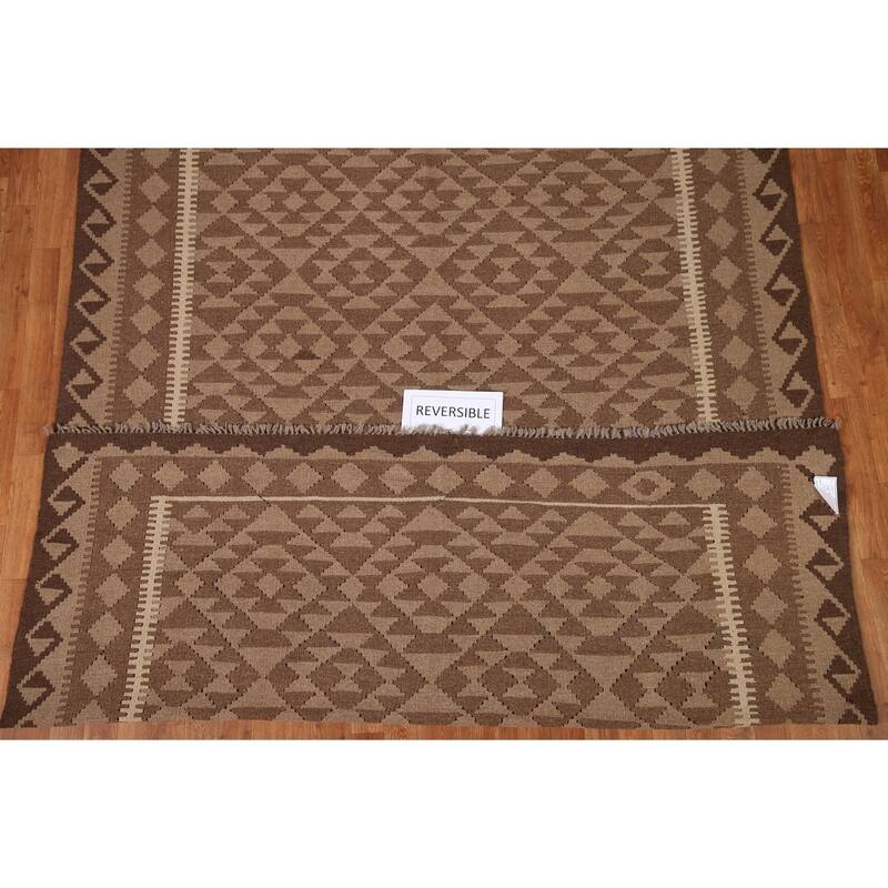 Brown Kilim Geometric Area Rug Flat-weave Wool Carpet - 6'11"x 10'0"