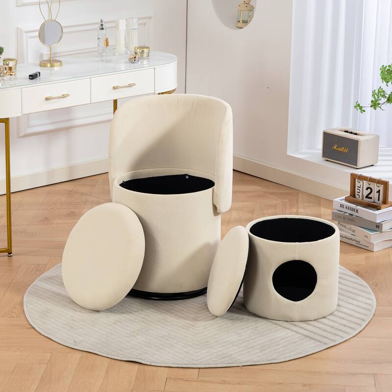Stylish Upholstered Barrel Chair: 360°Swivel Vanity Stool for Bedroom & Dining Chair, Built-in Storage, Soft Padded Accent Seat