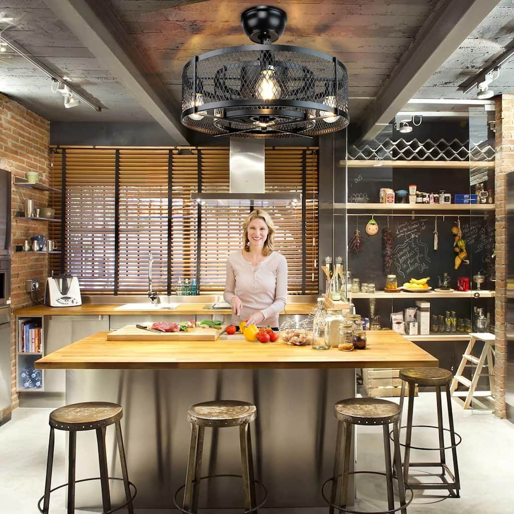 Cage Ceiling Fan with Light and Smart Control for Bedroom, Farmhouse