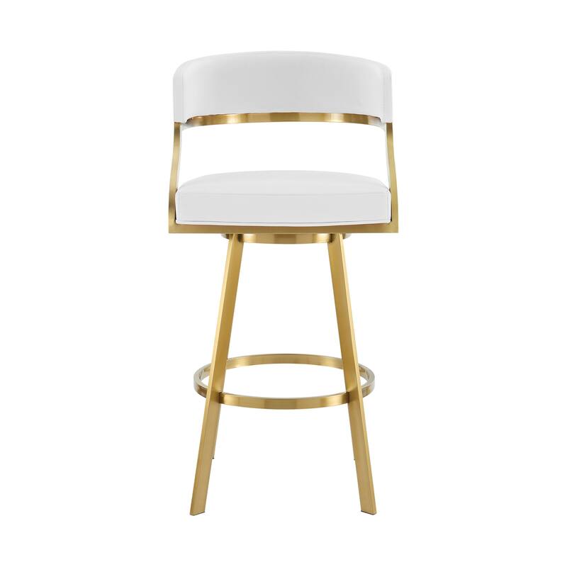 HomeRoots 26" White and Gold Faux Leather and Stainless Steel Low Back Counter Height Swivel Bar Chair