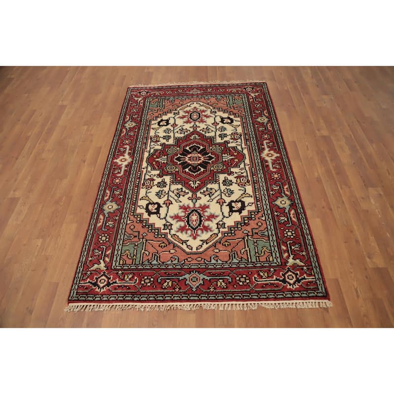 Hand Knotted Oriental 100% Wool Carpet Traditional Medallion Beige & Ivories Heriz (serapi) Area Rug - 6' 1'' X 3' 11''