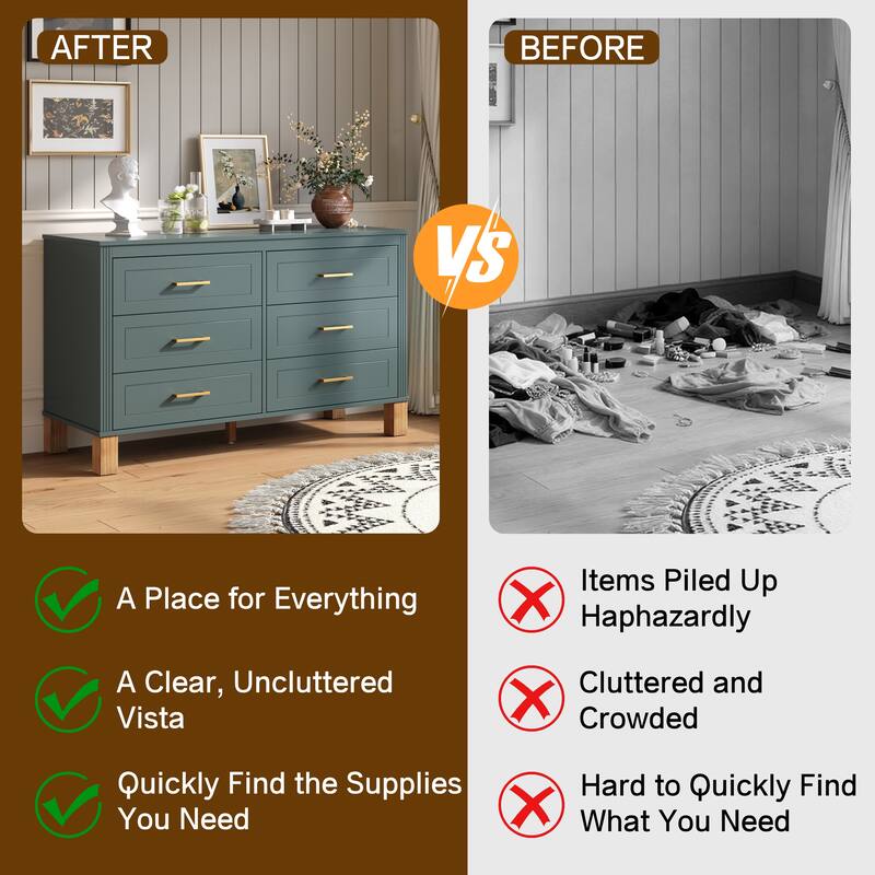 Roomfitters 6-Drawer Double Dresser, Modern Bedroom Storage Cabinet with Solid Wood Legs & Metal Handles