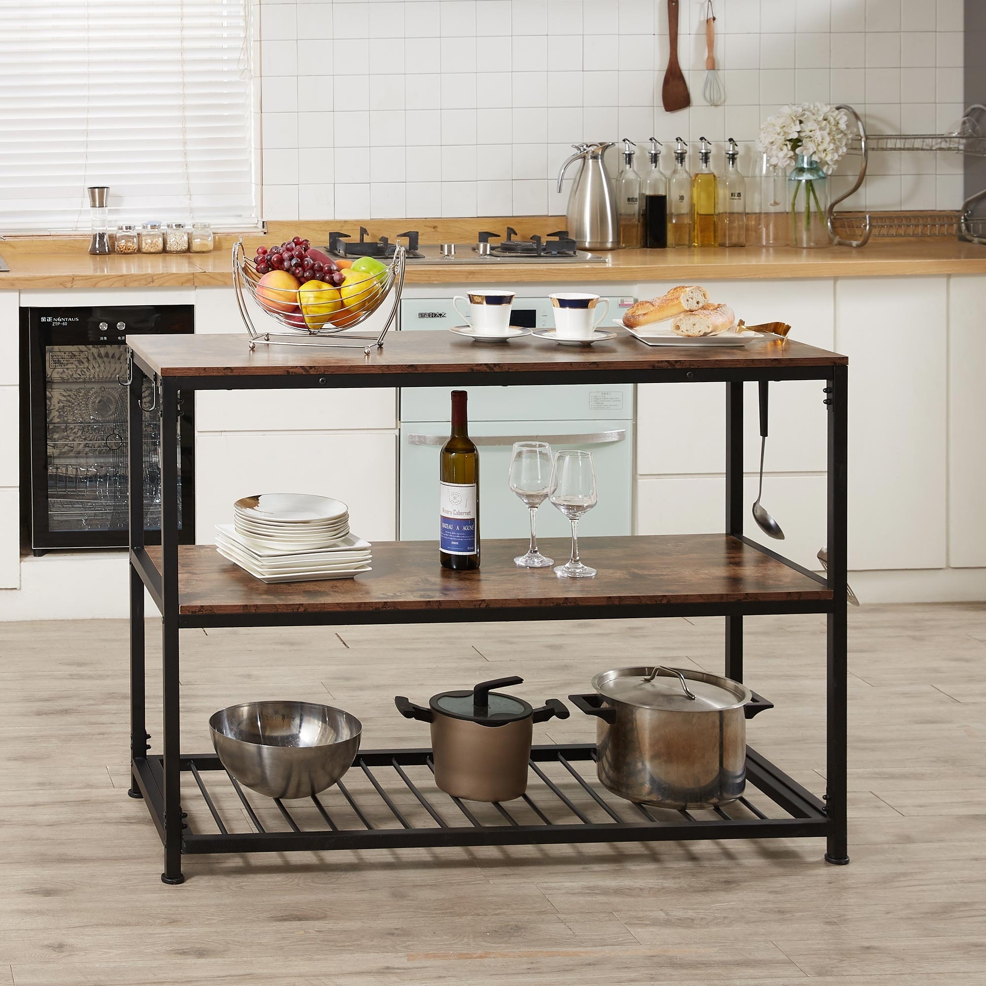 Multifunction Kitchen Island with Undershelves and Side Hooks