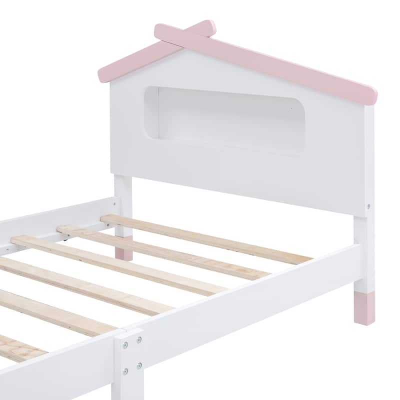 Twin Size Wooden Platform Bed Kids Bed with House-shaped Headboard ...