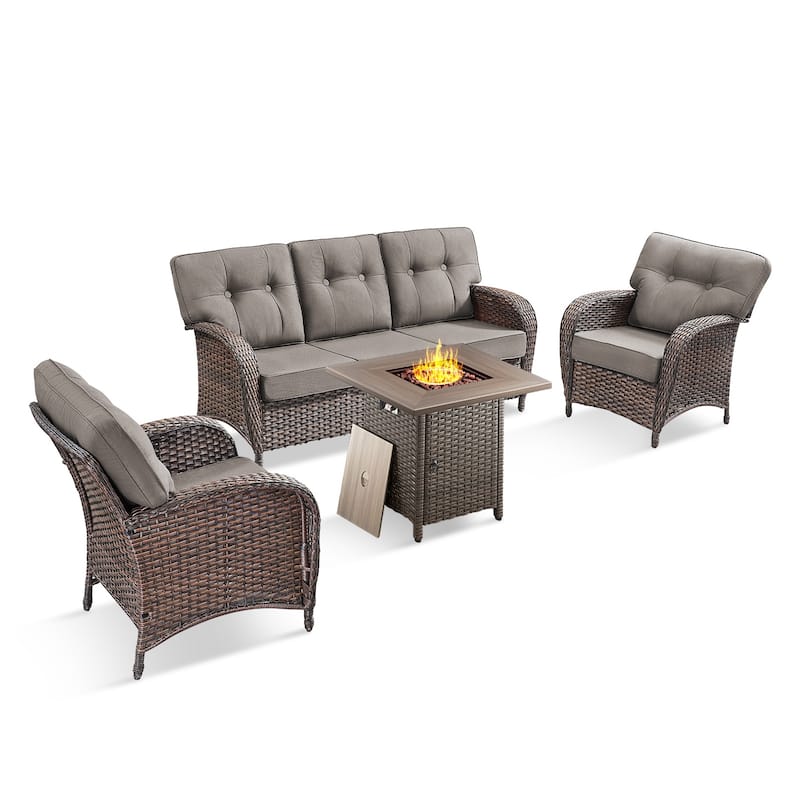 Pocassy Ooutdoor Fire Pit Table with Sofa Patio Chair Set