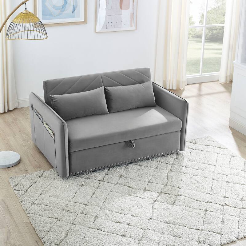 Velvet Convertible Sleeper Sofa Bed with 3-Level Adjustable Backrest, USB Port, and Side Pockets