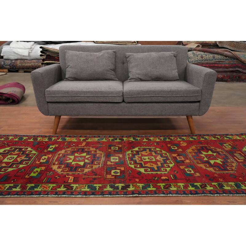 Hand Knotted Oriental 100% Wool Carpet Traditional Geometric Red Hamedan Runner Rug - 9' 9'' X 3' 1''