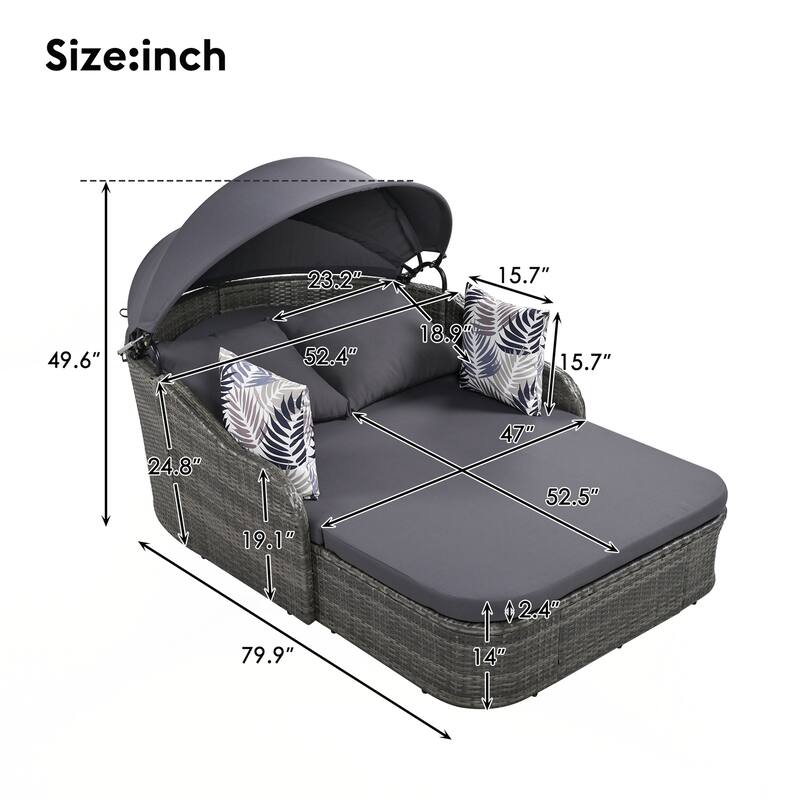 Outdoor Sunbed with Adjustable Canopy, Double lounge, PE Rattan Daybed