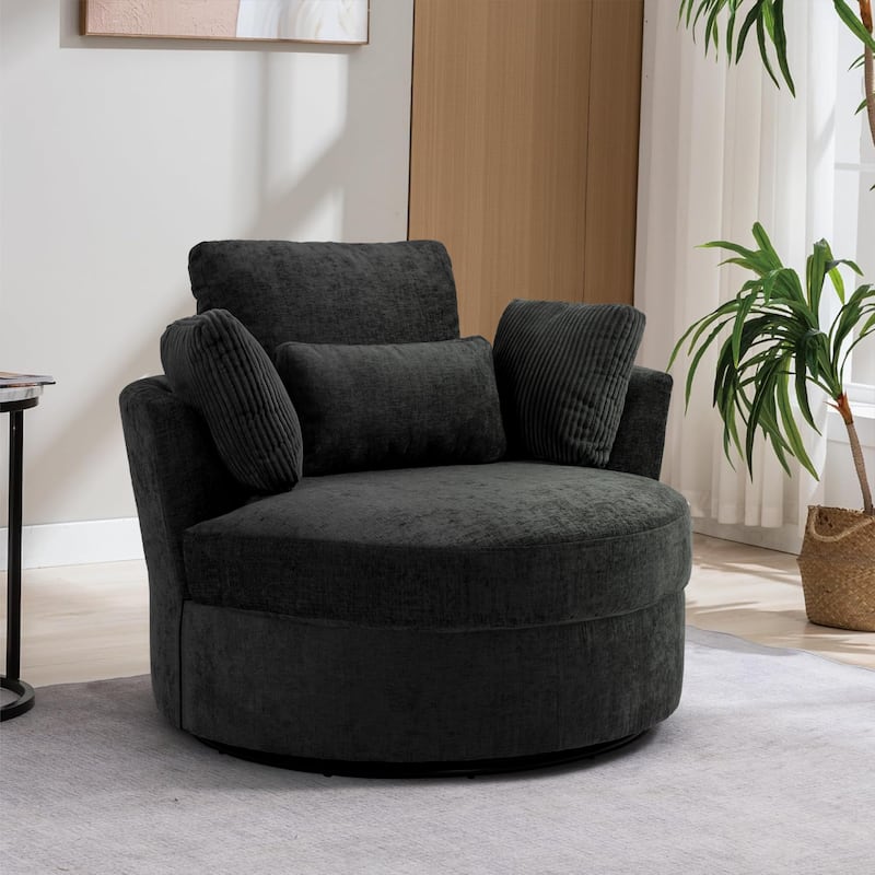 Upholstered Accent Swivel Barrel Armchair Club Chair with Pillows - Black/Corduroy Pillows
