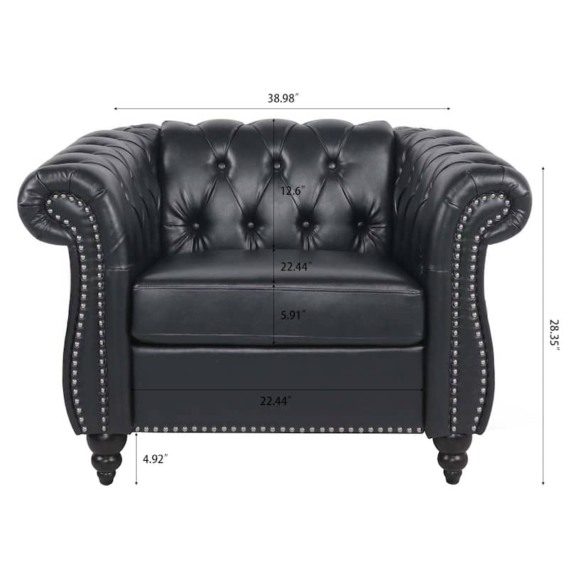 Single Person PU Sofa with Standard Sofa Backrest, Rolled Arm Armrests, Silver Studs, and Solid Wood Legs