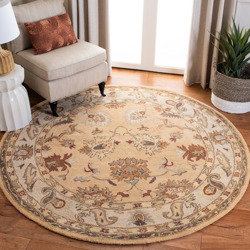 SAFAVIEH Handmade Bergama Milovanka Oriental Hand-spun Wool Rug - 6' Round - Taupe/Ivory