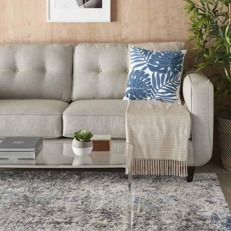 HomeRoots Blue and Ivory Tropical Leaves Throw Pillow