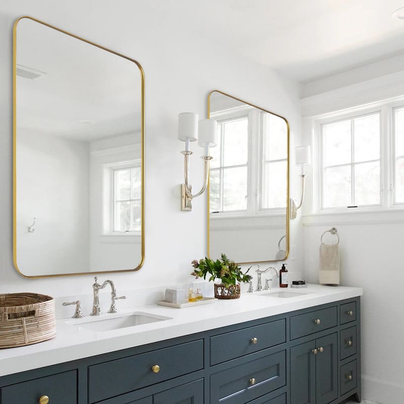 Modern Wall Mirror, Rectangular Mirror with Metal Frame, Bathroom Mirror with Round Corner Vanity Mirror for Vertical/Horizontal