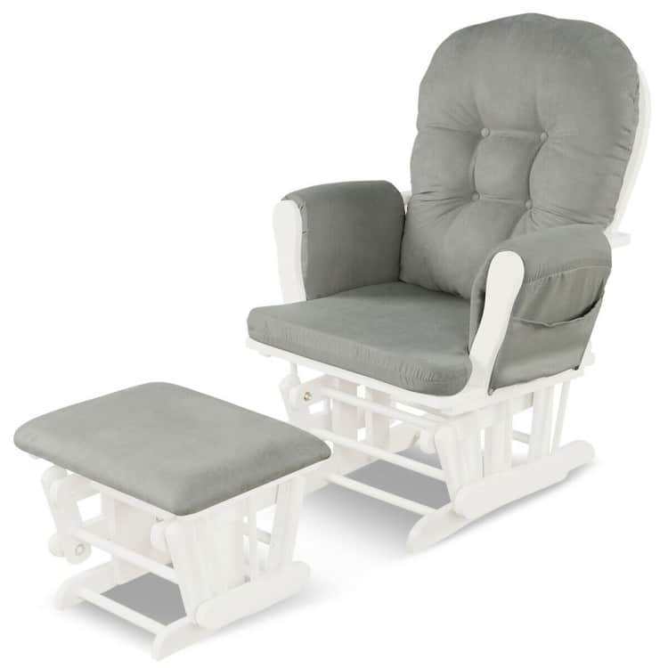 Solid Wood Gliding Chair Set with Storage Pockets and Ottoman for Relaxing - 29.5" x 28.5" x 39.5" (L x W x H) - LightGrey