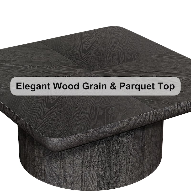 34.6" Modern Square Coffee Table with Parquet Wood Veneer Top & Cylindrical Base, Stylish Living Room Center Table