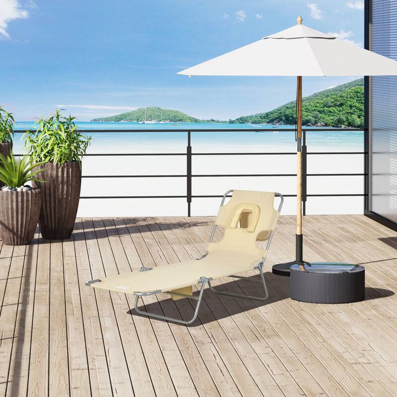 Folding sun loungers with face holes, arm slots and side pockets