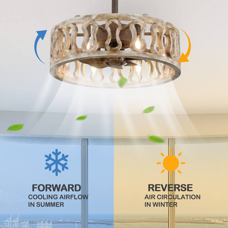 18" Oaks Aura Farmhouse Distressed Wood Caged Ceiling Fan with Lights, 6-Speed Silent Shabby Chic Bladeless Ceiling Fan