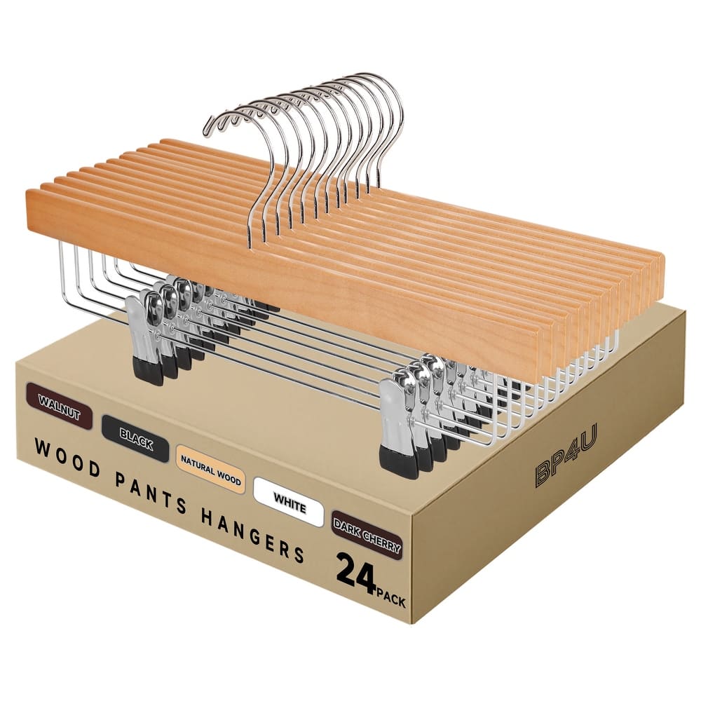 BP4U Premium Wooden Pants Hangers with Adjustable Clips, Solid Wood Skirt Hangers for Jeans, Slacks, Dresses