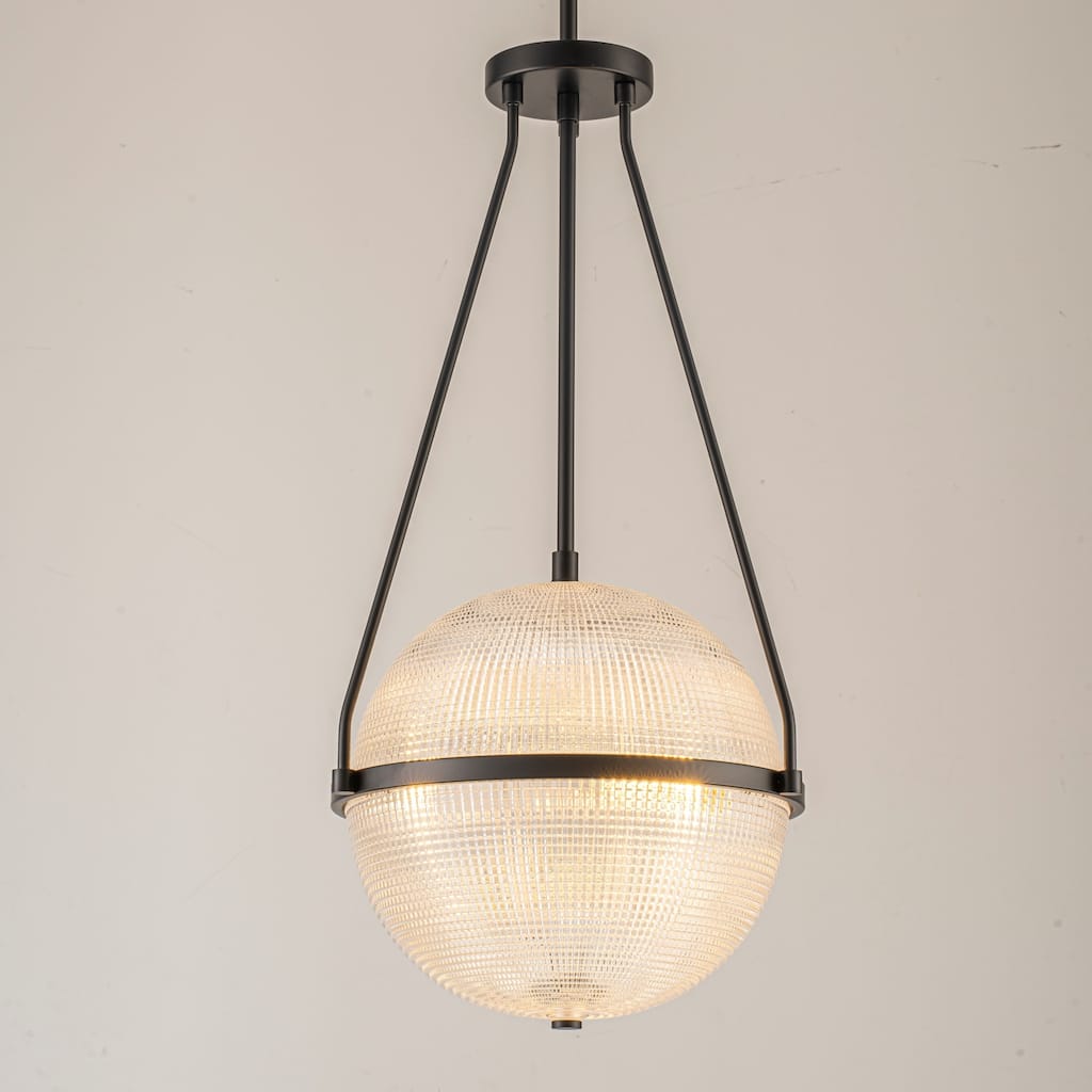 3-Light 13.78" Black/Gold Mid-Century Modern Grid Glass Globe Bubble Pendant Light