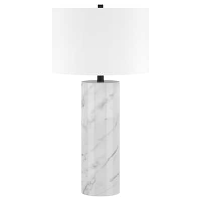 White Marble Cylinder Table Lamp 30 Inch with Fabric Drum Shade - 15" x 15" x 29.50"