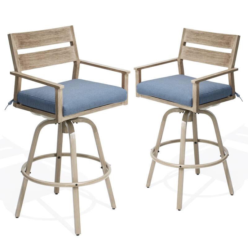 Outdoor Aluminum Patio Bar Stools Swivel Chairs with Sunbrella Cushions - 19.5 in W * 45.3 in H * 17.5 in D - SpectrumDenim-2PC