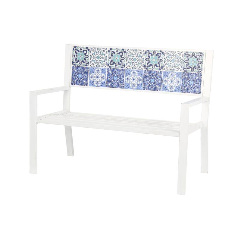 Black or White Metal Mosaic Floral and Scroll Outdoor Bench with Orange and Blue Patterns