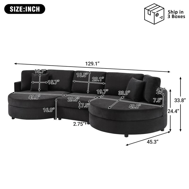 Roomfitters Modern Curved 3-Seater Sofa Couch with Throw Pillows, 129 Inch Wide