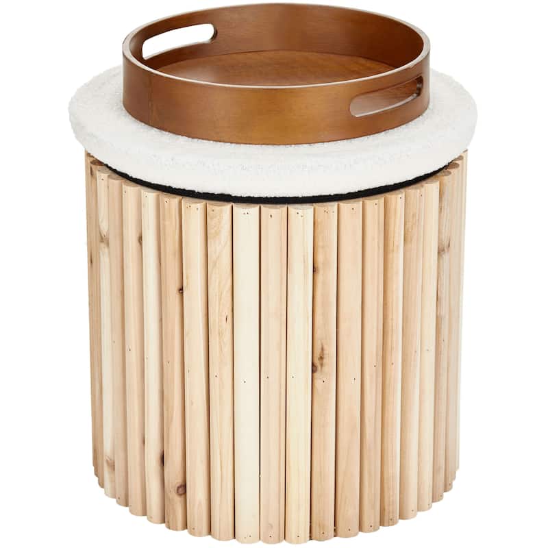 Aria Home Mid-Century Modern Bamboo Base Round Boucle Storage Ottoman
