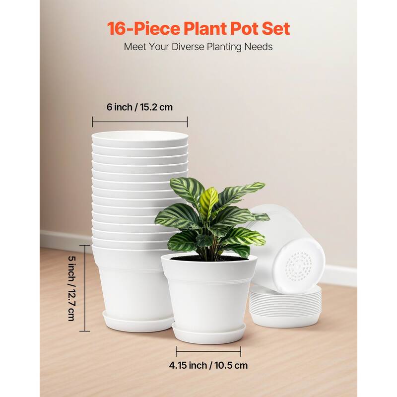 16-Pack Plastic Plant Pots with Drainage Holes for Plants - 6 x 6 x 5 inch