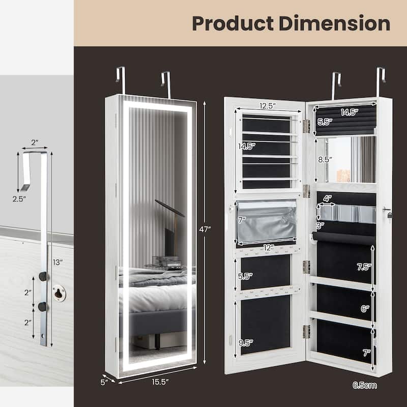 Costway Door Wall Mount Touch Screen LED Light Mirrored Jewelry - See Details