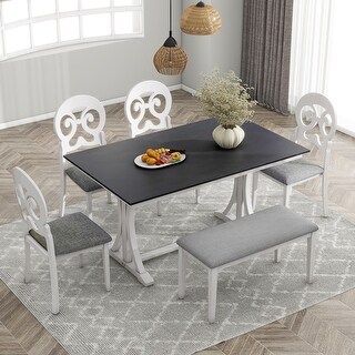 6-Piece Dining Table Set with 4 Round Upholstered Chairs and Long Bench ...