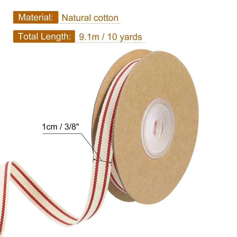 Natural Cotton Stripes Ribbon - Natural with Red - 3/8"