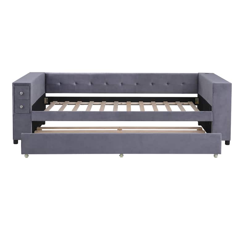 Twin Size Velvet Platform Bed with Pull-Out Trundle, USB Charging Port, Side Drawers And Built-in Storage
