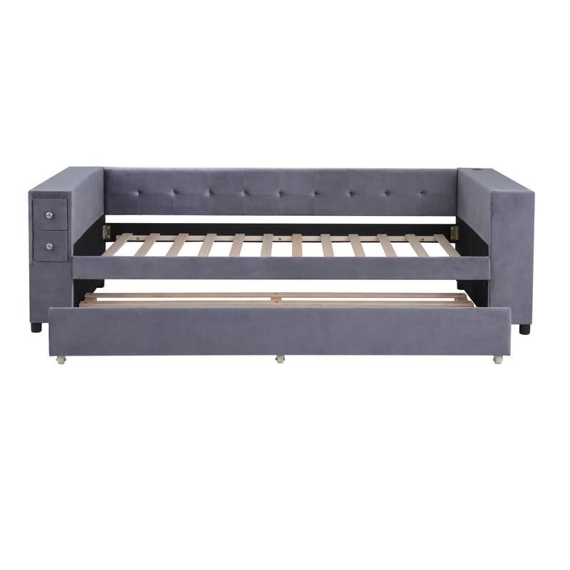 Upholstered Velvet Daybed Storage Bed Frame with USB Charging Ports
