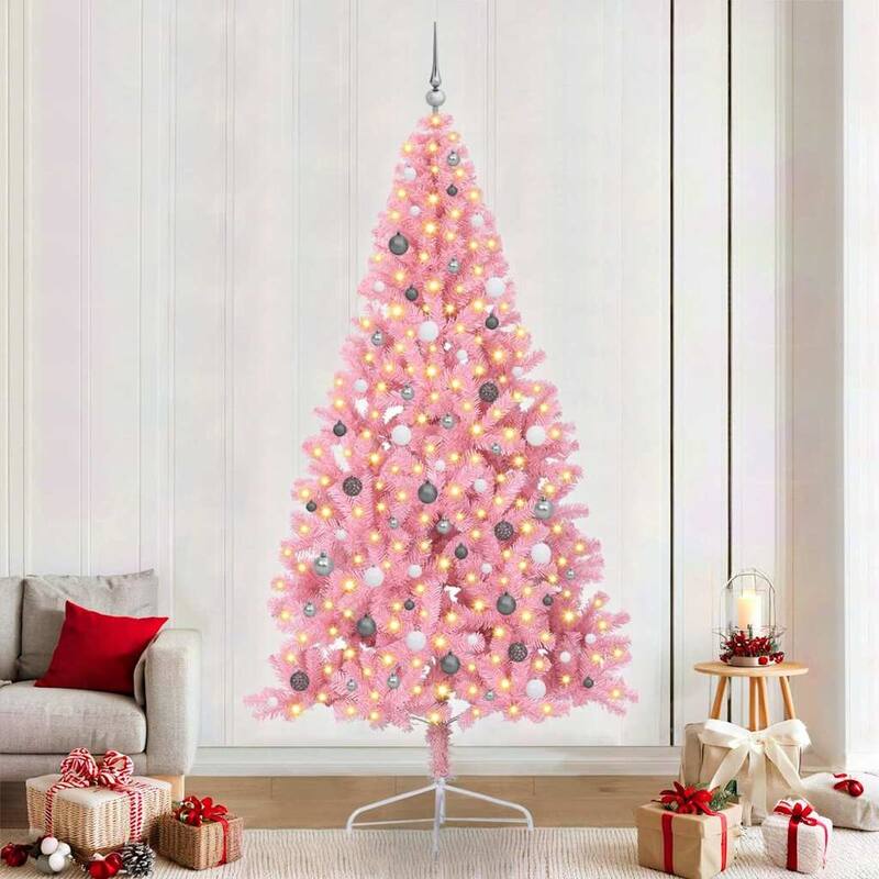 vidaXL Artificial Pre-lit Christmas Tree Pink in PVC - 59.06 in - Pink-with 120 white/grey balls