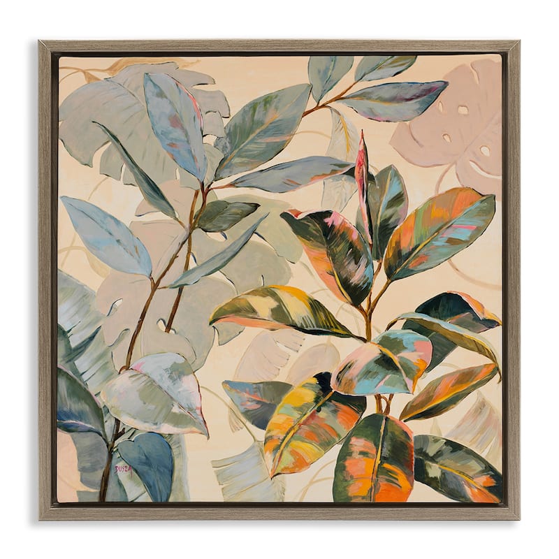 Stupell Tropical Leaves Warm Tones Framed Floater Canvas Wall Art Design By Dusza - 18 x 18 - Brown