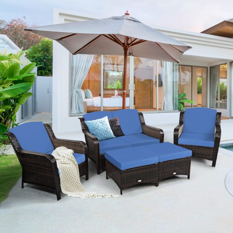 5 Pieces Patio Rattan Sofa Set with Cushion and Ottoman - 51" x 33.5" x 33" (L x W x H)