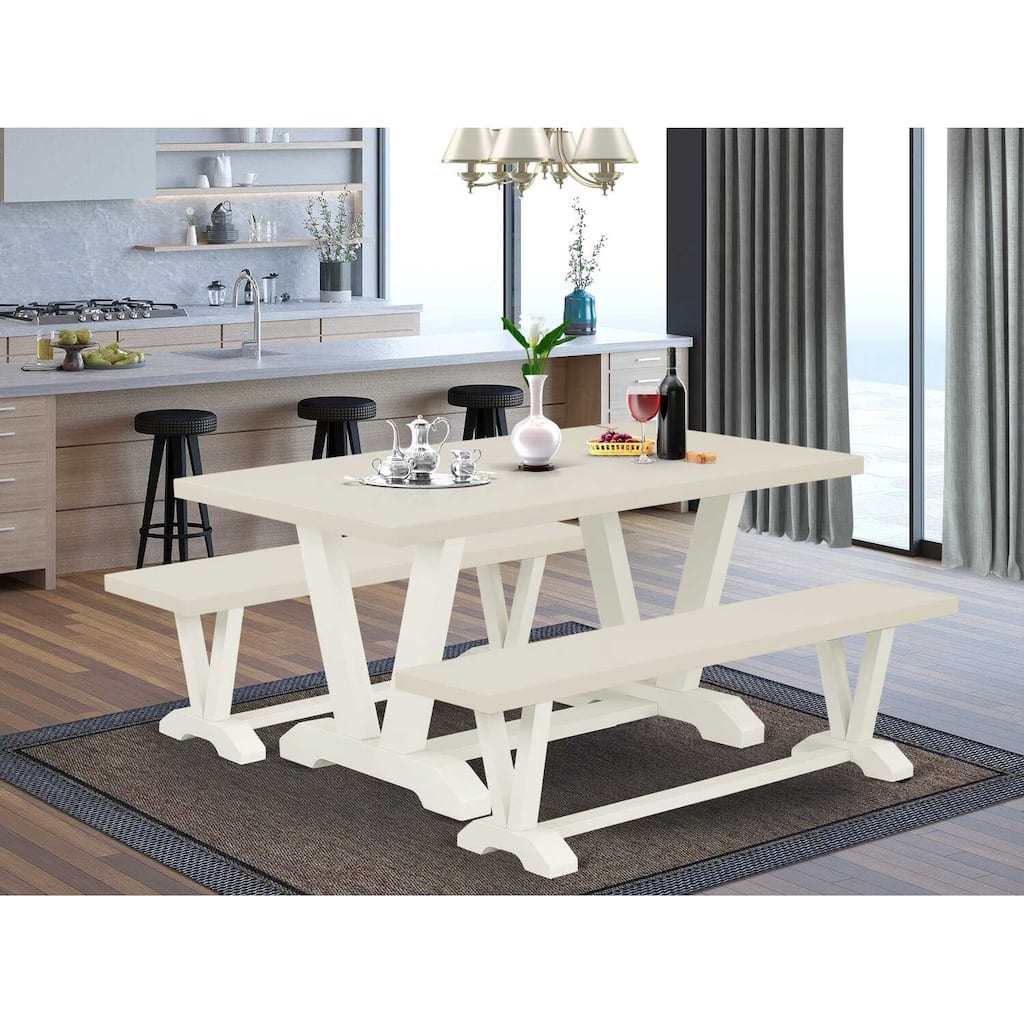 HomeStock 3-Piece Rectangle Natural Oak Finish Solid Wood Top Dining Table with 2-Benches