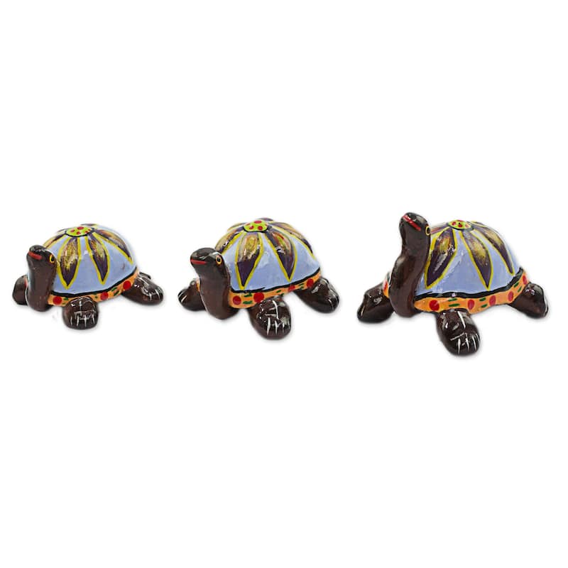 Novica Handmade Flower Turtles In Blue Ceramic Sculptures