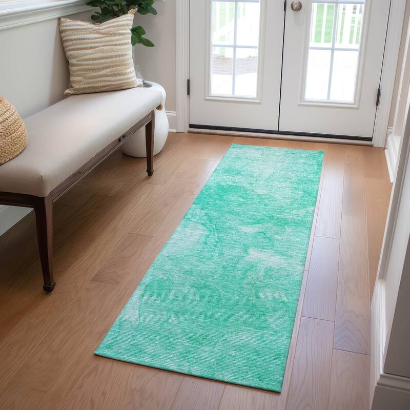 Machine Washable Indoor/ Outdoor Chantille Abstract Watercolor Rug - Teal - 2'3" x 7'6"