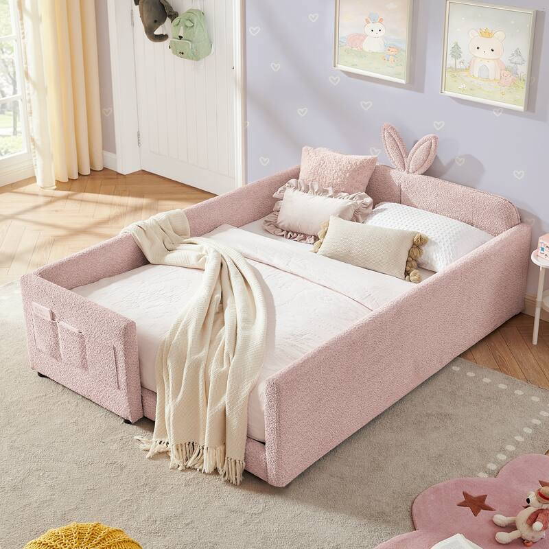 Full Size Upholstered Platform Bed with Cute Rabbit Ear Shaped Headboard, with Safety Rail and Pocket, Boucle Fabric