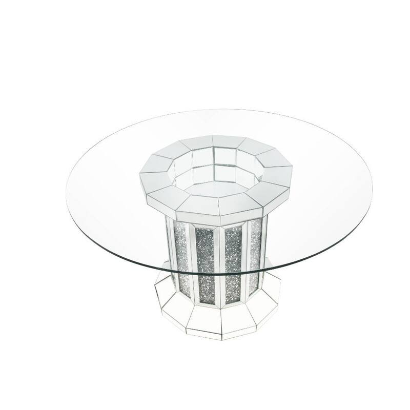 Round Glass Top Dining Table with Cross Oval Base, Silver