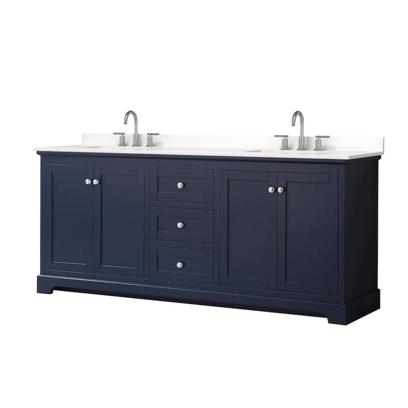 Avery 80-inch Double Vanity, Quartz Top - Dark Blue, Chrome Trim, White Quartz Top