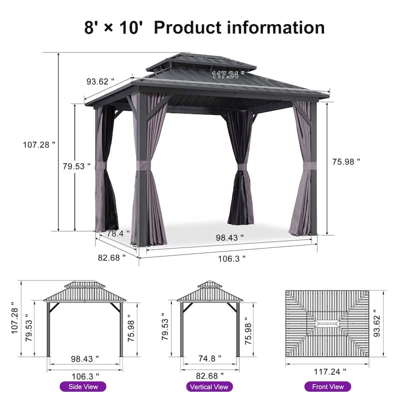 PURPLE LEAF Gazebo Outdoor Gazebo with Dual-Layer Galvanized Steel Double Roof Aluminum Gazebo with Netting and Curtains Grey
