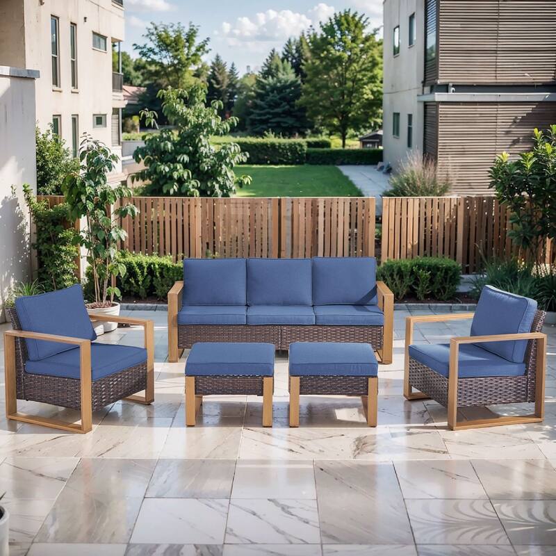 Pocassy 5 Pieces Outoor Patio Sofa Club Chair Ottoman Set - Blue cushion - Brown Wicker