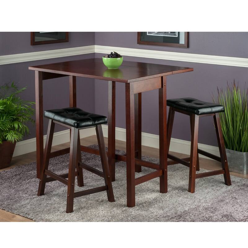3 Brown Wood Drop Leaf Kitchen Table Leather Saddle Stools 39.25"