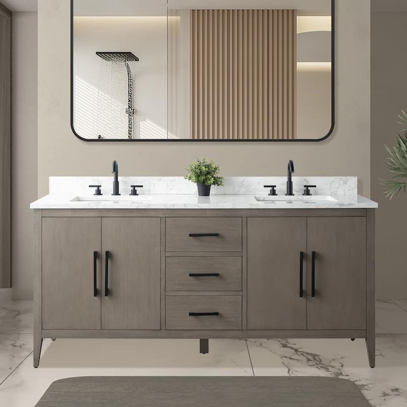 Vanity Art 72" Double Sink Bathroom Vanity Cabinet with Engineered Marble Top - 72"/Matte Black Handle - Driftwood Gray